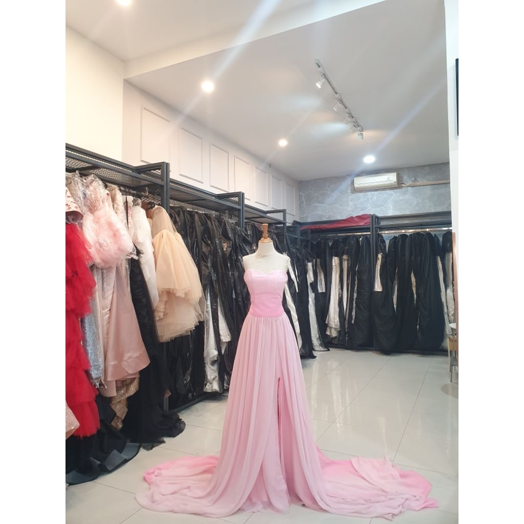 Gaun baju prewedding gaun baju pesta warna pink muda bahan sifon Size M