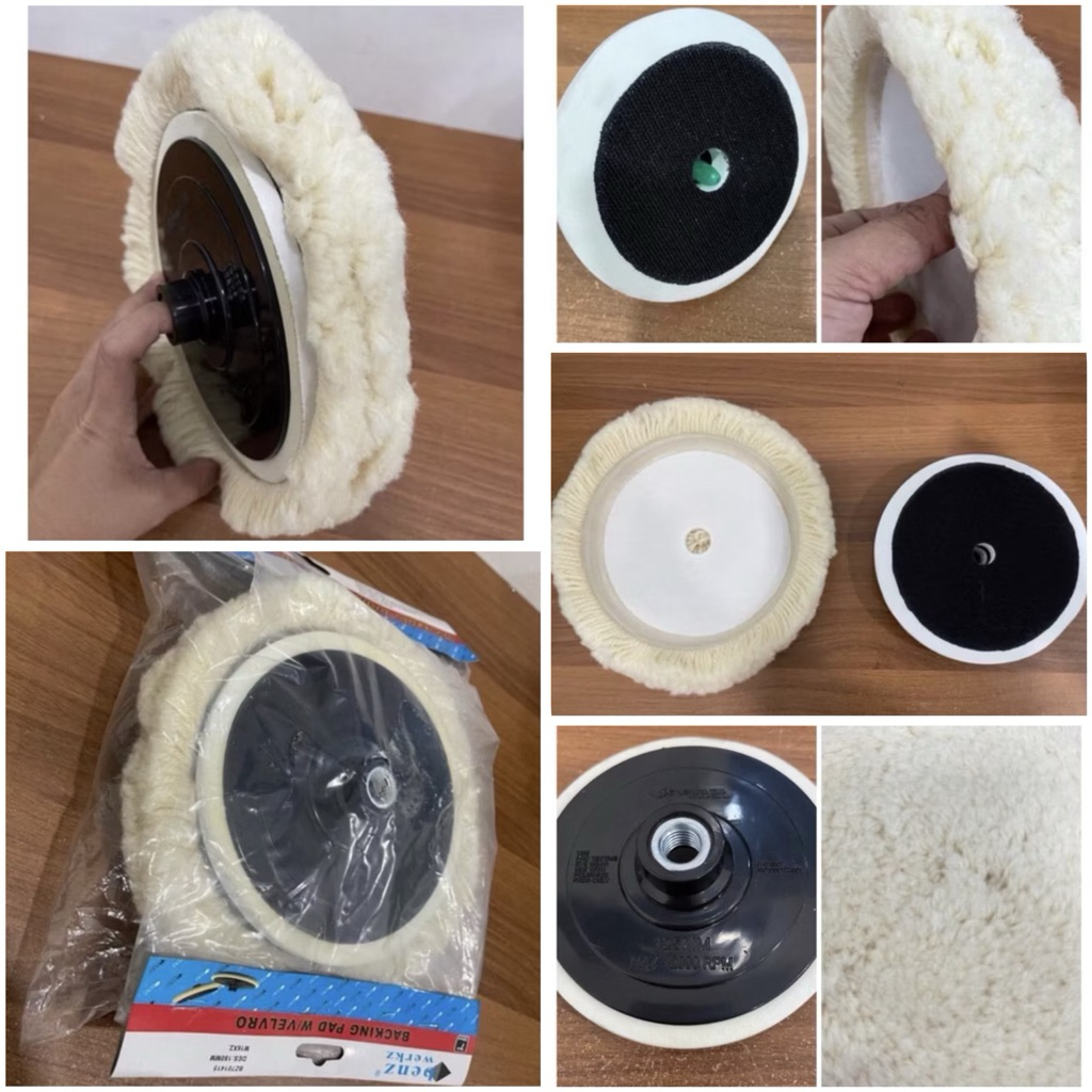 KOMPLIT SET 7” Kain rabin WOOL putih TEMPEL + TAPAK polisher VELCRO PAD WOL mobil model tempel sandi