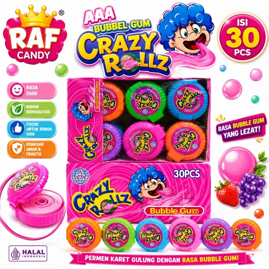 AAA CRAZY ROLLZ BUBBEL GUM 30 PCS