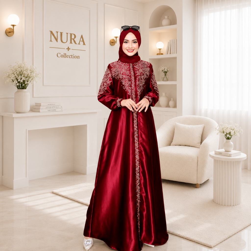 Nura Collection Official - Bordir Satin Alma - Baju Gamis Wanita Model Terbaru Bahan Satin Kristal B