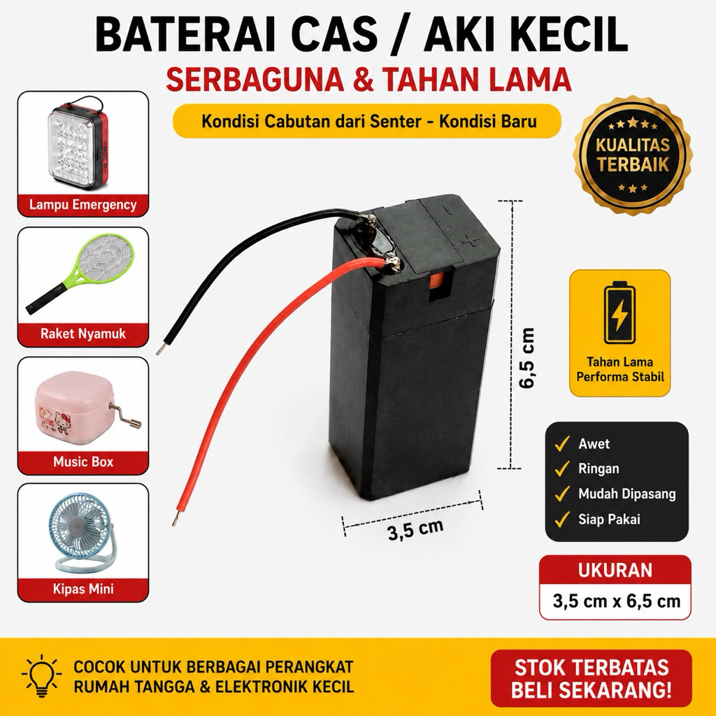 Baterai Cas Aki Kecil Rechargeable 3.5 x 6.5 cm Cabutan Senter Kondisi Baru Untuk Lampu Emergency Ra