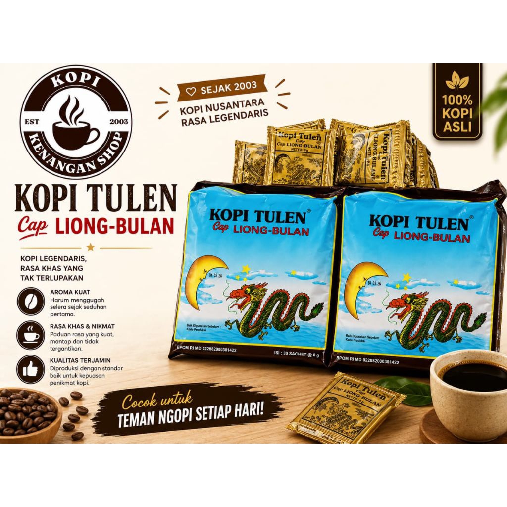 2 pack Kopi Liong TANPA Gula 8 gram (isi 60 sachet)/kopi Tulen cap Liong Bulan