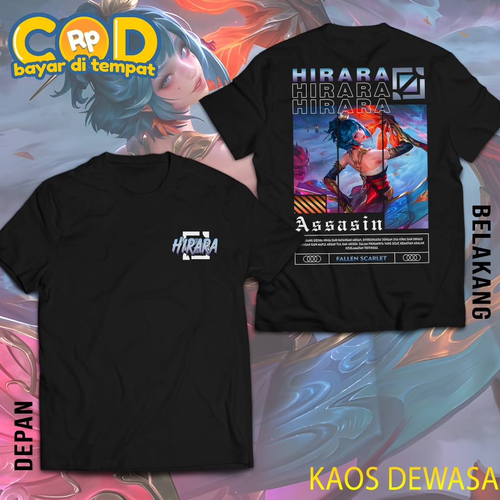Tshirt MLBB Hirara Hero Baru Assasin Bahan Semi Katun Kaos Hero ML Skin Fallen Sacarlet