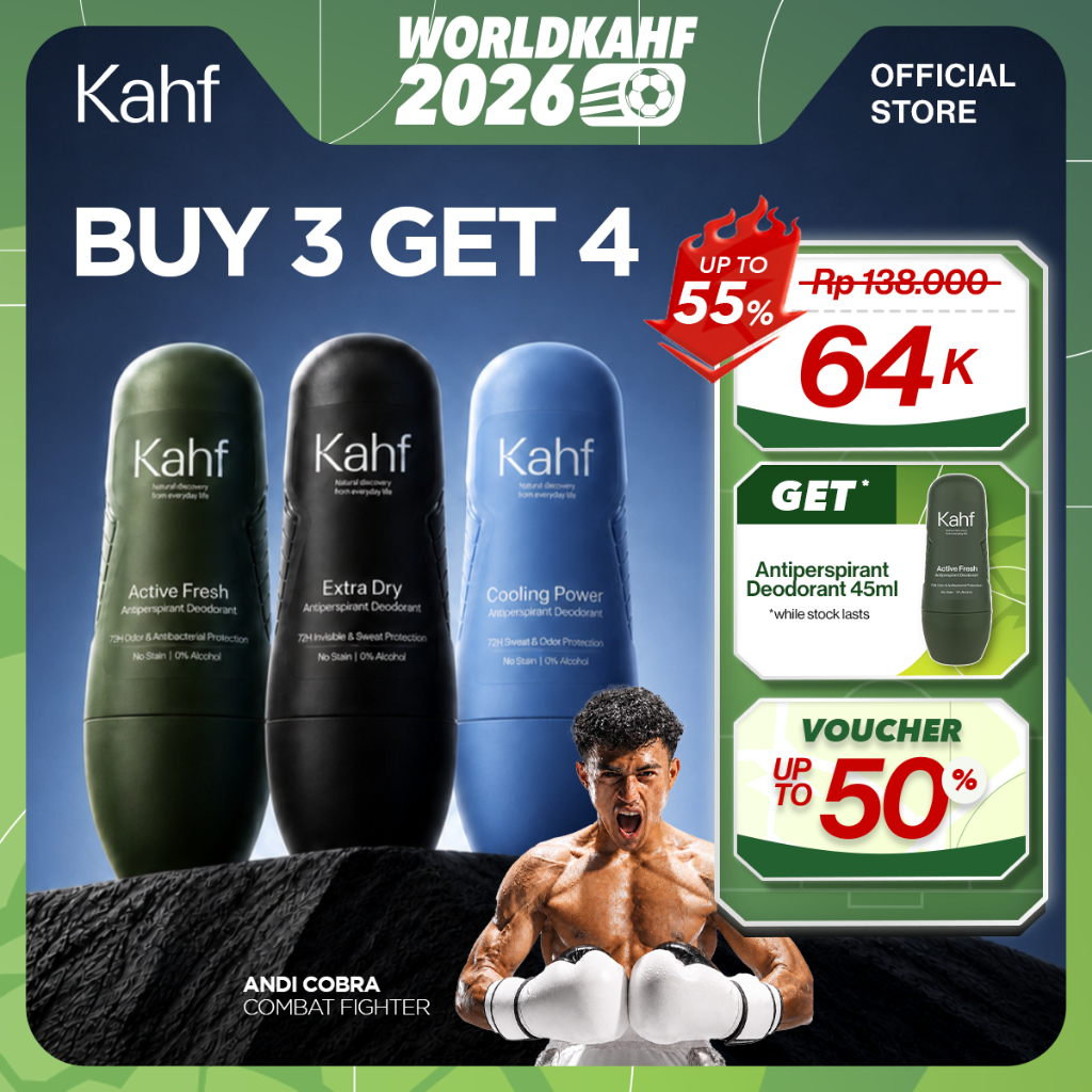 Triple Pack Kahf Deodorant Roll On Antiperspirant 45 ml - 3 pcs Deodoran Pria Freshness All Day, 0% 