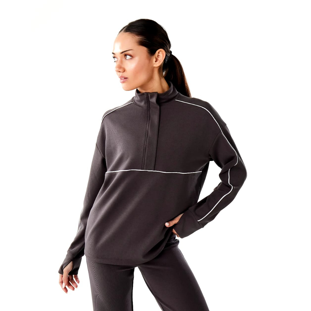 Jaket Sport Olahraga Wanita Anko Active Ribbed Sweatshirt Half Zip Oversize Thumbhole Women Coklat O