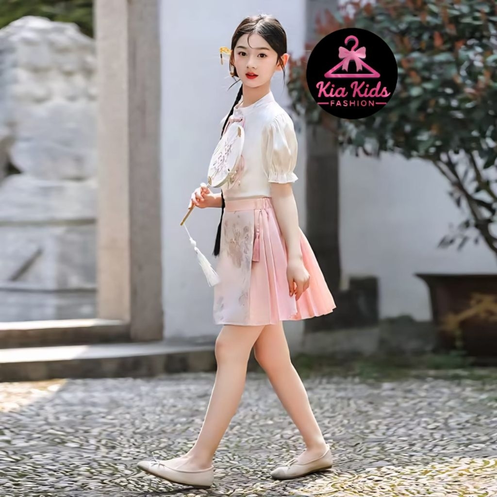kia kids fashion Setelan Anak Perempuan Hanfu Modern Elegan Pink Blossom set rok cheongsam