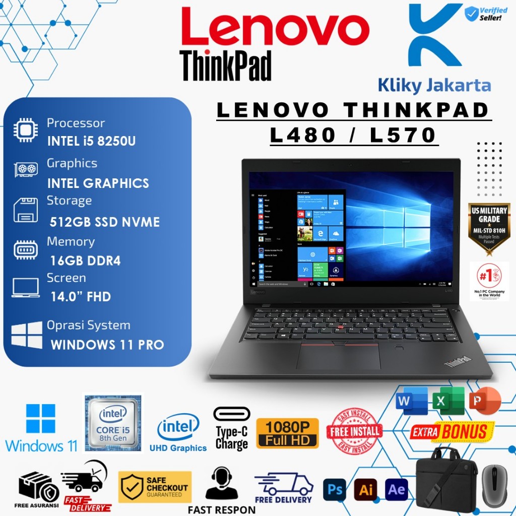 Lenovo Thinkpad L480 L570 Intel I5 8250U 16GB 512GB 14 15  inch FHD Win10Pro Garansi