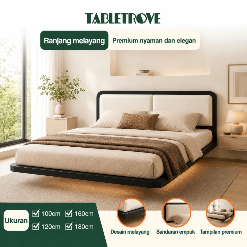TABLETROVE Ranjang Besi Minimalis Sandaran Empuk Dipan Besi Melayang Hitam 100 120 180x204