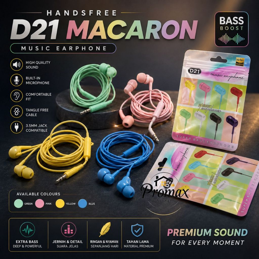 PM - Handsfree Earphone Headset D21 Macaron With Mic Packing Klip Plastik
