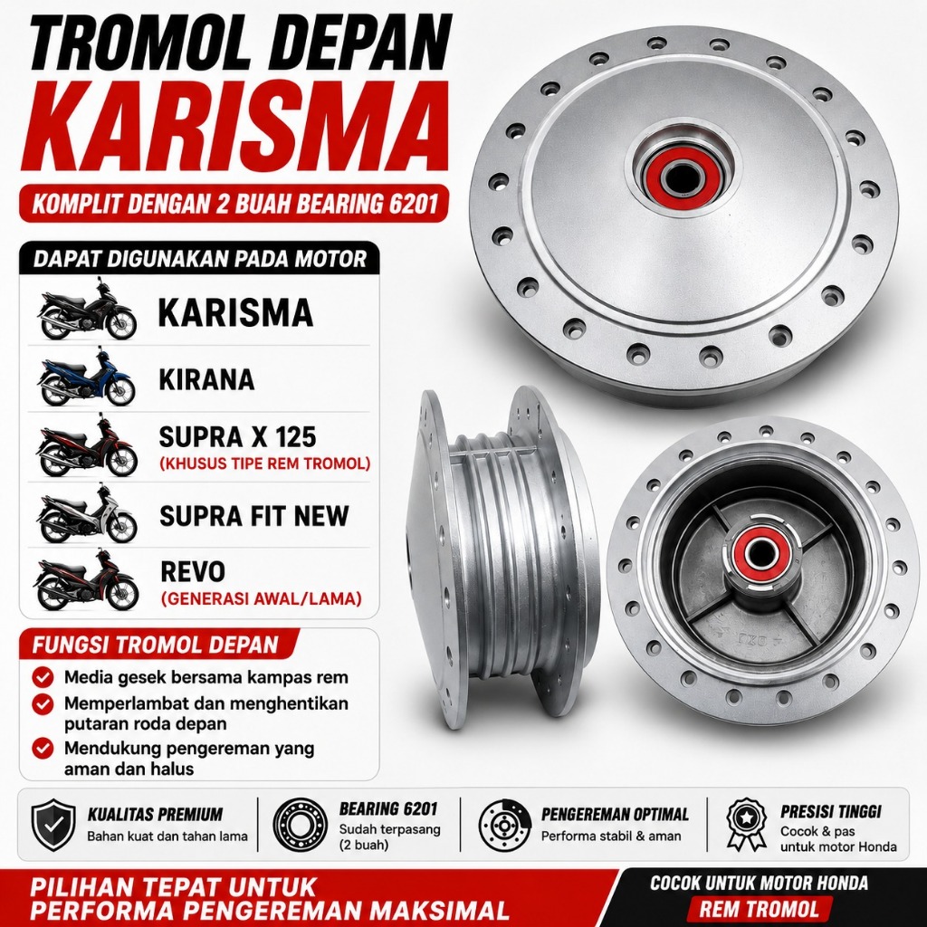 Tromol Depan Karisma Part 44601-KPH-900 Plus Bearing Motor Supra Fit Few, Revo Lama Tokaido
