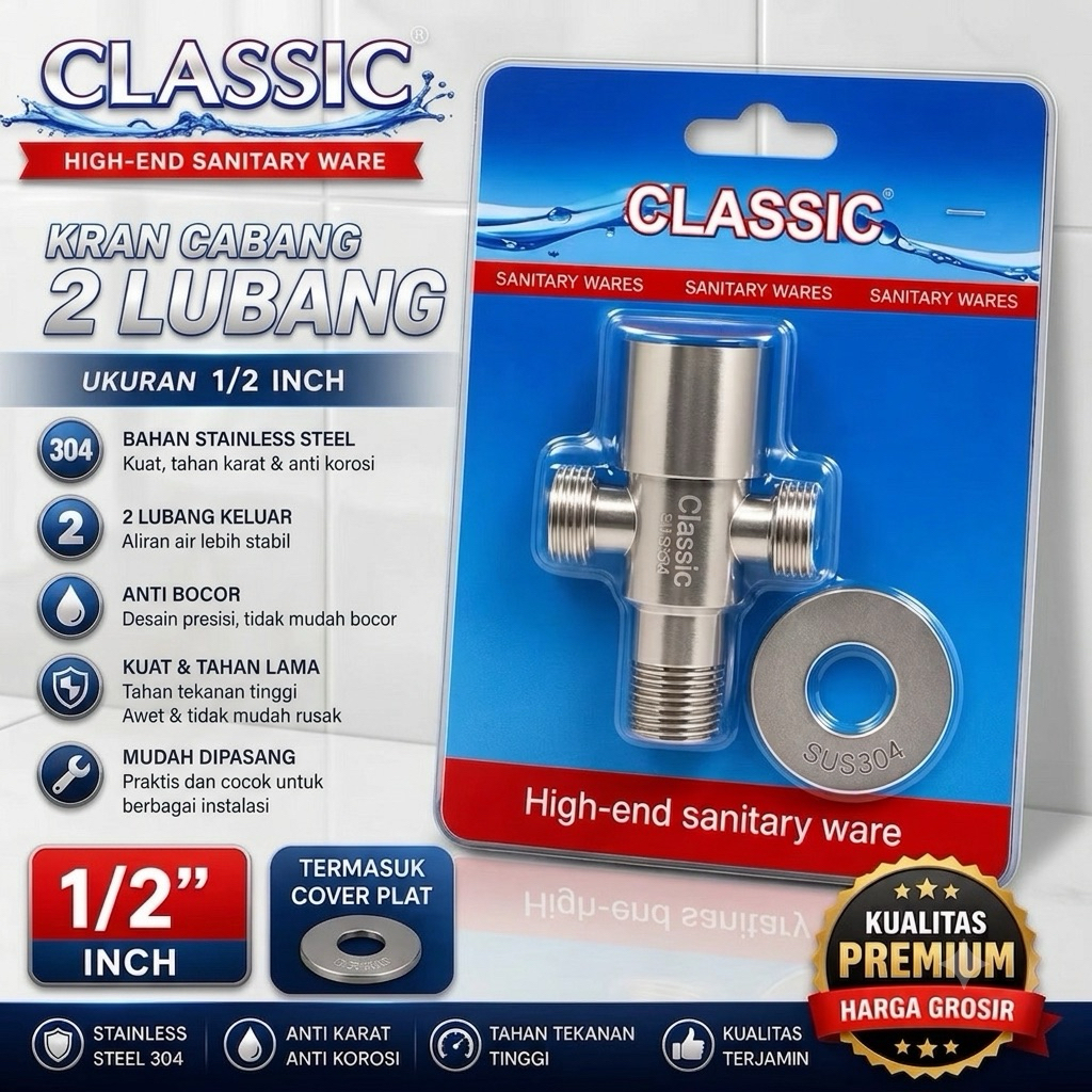 Stop Kran T Dobel / Shower Wastafel CLASSIC / 304 / BLU /  Cabang Stainlees Steel