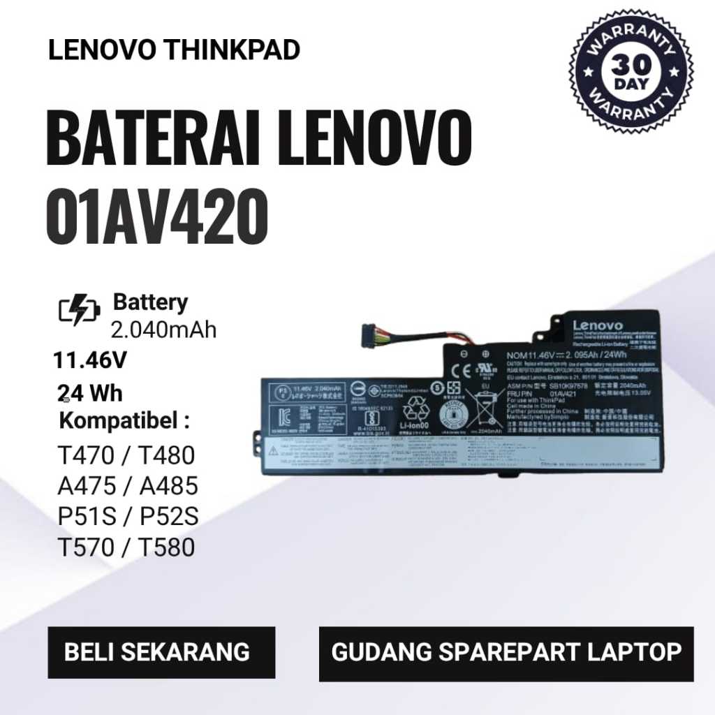Baterai Laptop Lenovo 01AV420 | T470 INTERNAL - THINKPAD BATERAI DALAM T470 T480