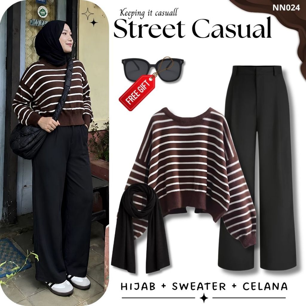 One Set Wanita Kekinian | Sweater Coklat | Celana Oro Hitam | Hijab Pasmina | OOTD Hangout Skena | N