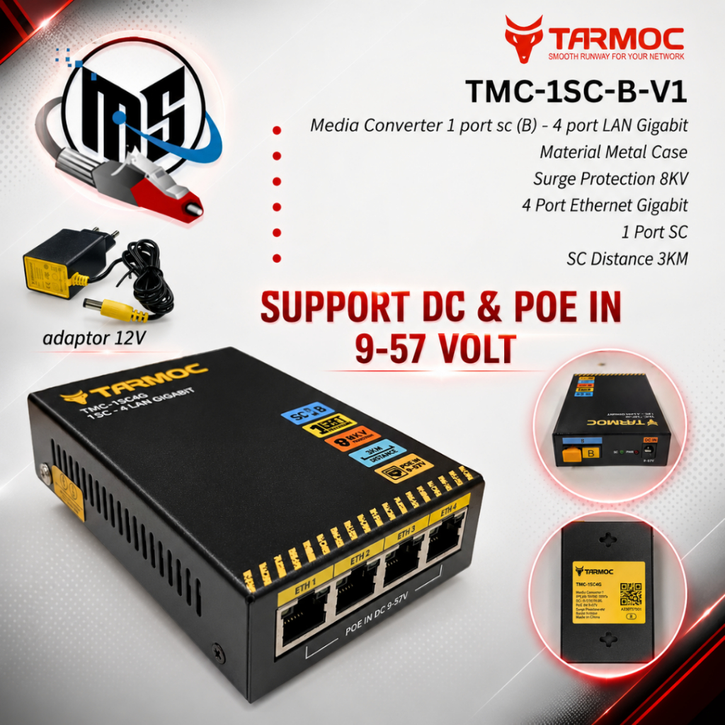 Tarmoc TMC-1SC4G-B-V1 | Media Converter Switch 1SC 4LAN / 1 SC 4 LAN Gigabit POE IN 9-57 Volt | 1FO 