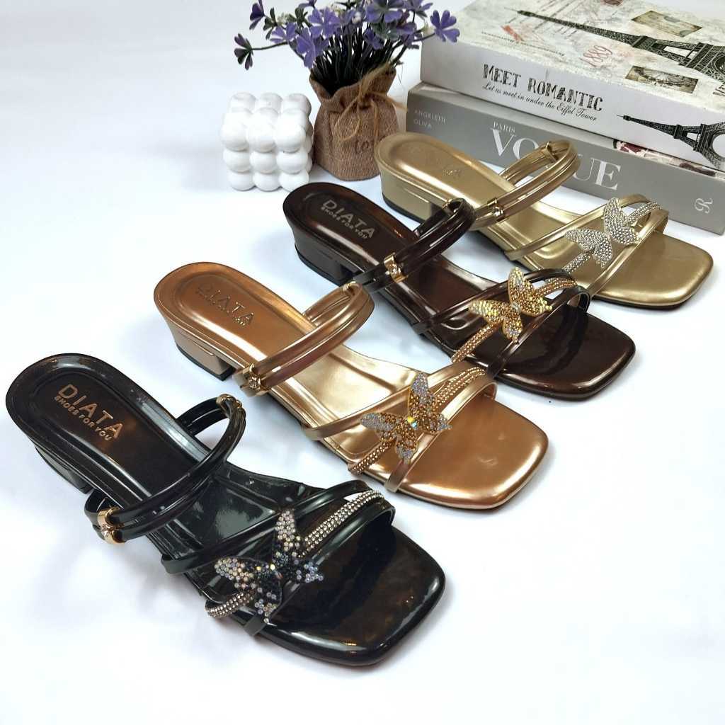 CFSTORE Sandal Wanita Hak Tahu Heels 3cm Jelly Permata Kupu-kupu Sendal Heels KOndangan Kekinian Gla
