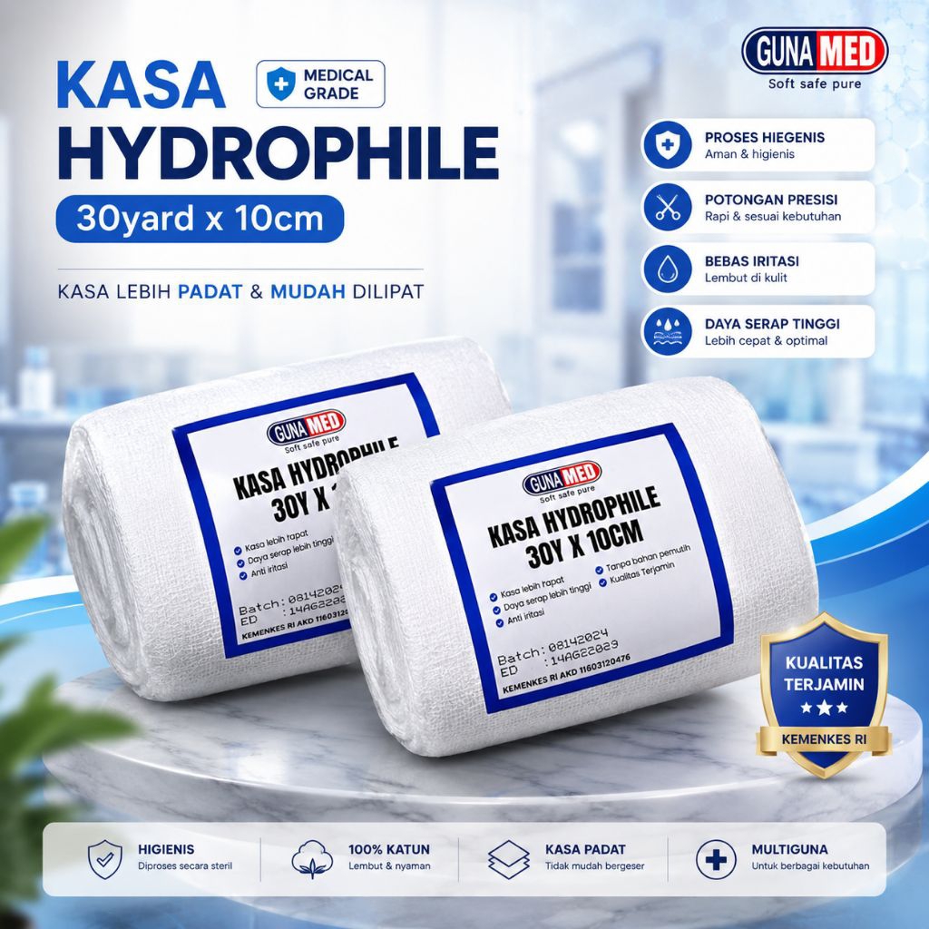 Kain Kasa Gulung Gunamed 30 Yard x 10 Cm Pembalut Perban Hidrofil Luka Steril Kassa Roll Plester