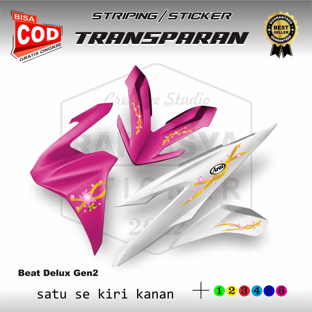 Striping Stiker Transparan Motor Beat Deluxe Gen2 Motif Bunga Sakura Warna Pink Putih
