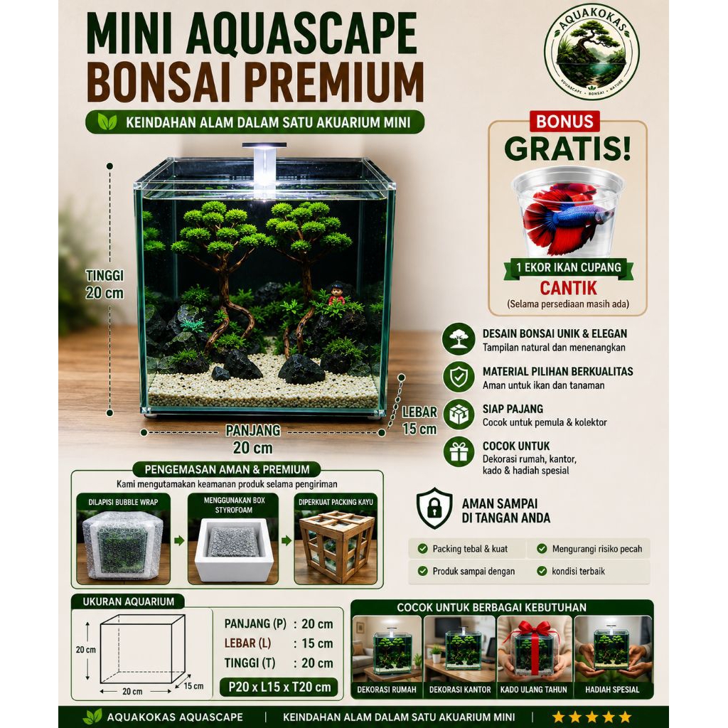 Mini Aquascape Bonsai Premium P20xL15xT20 cm | Dekorasi Meja Estetik | Bonus Ikan Cupang | Aquakokas