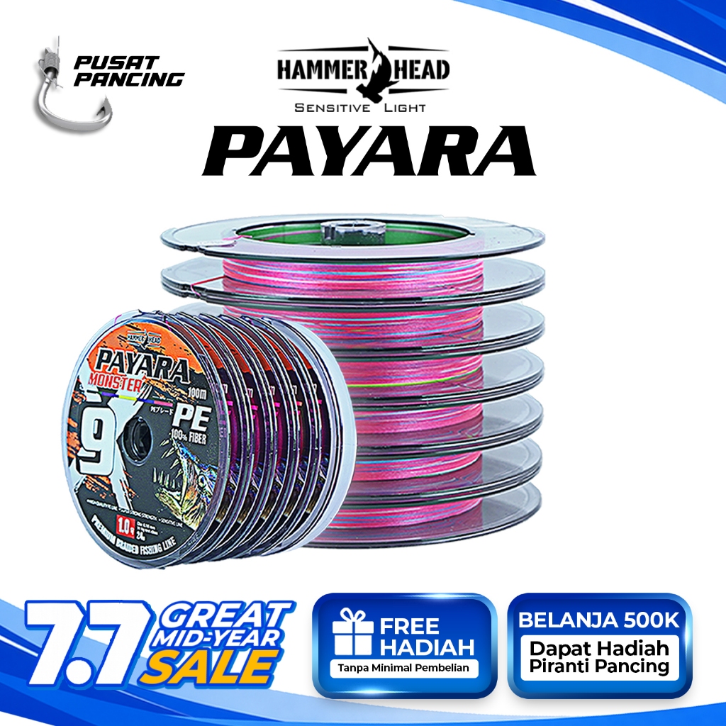 PUSATPANCING5 - HAMMER HEAD Senar Pancing PE PAYARA X9 Monster Multicollor 100% PE Fiber Connecting 
