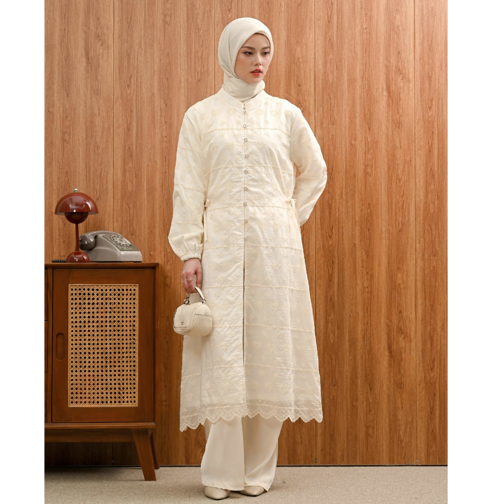 VIANDRA | Leya Midi Dress Bordir Premium Baju Kondangan Wanita Elegan Kerah Sanghai Busui Mewah