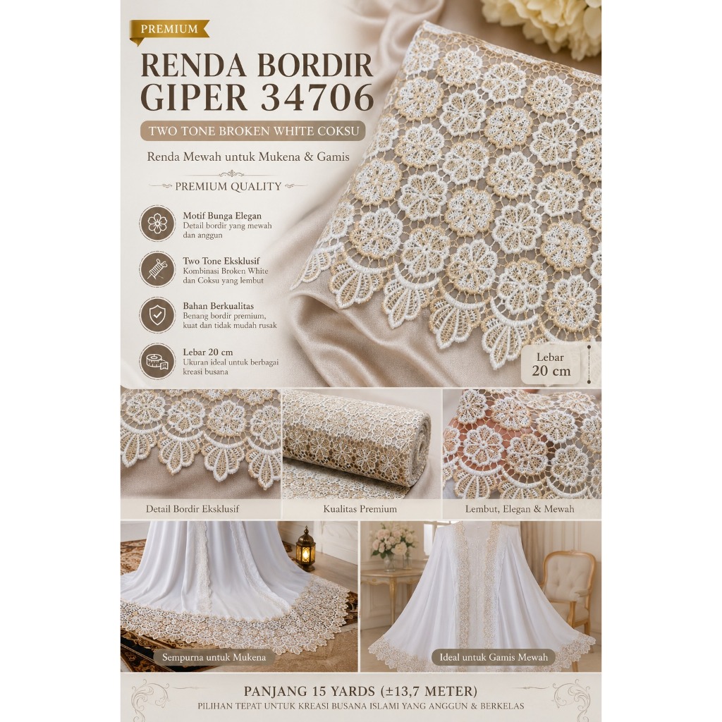 Renda Bordir Giper 34706 Premium Two Tone Broken White Coksu | Lebar 20 cm | Panjang 15 Yards | Rend