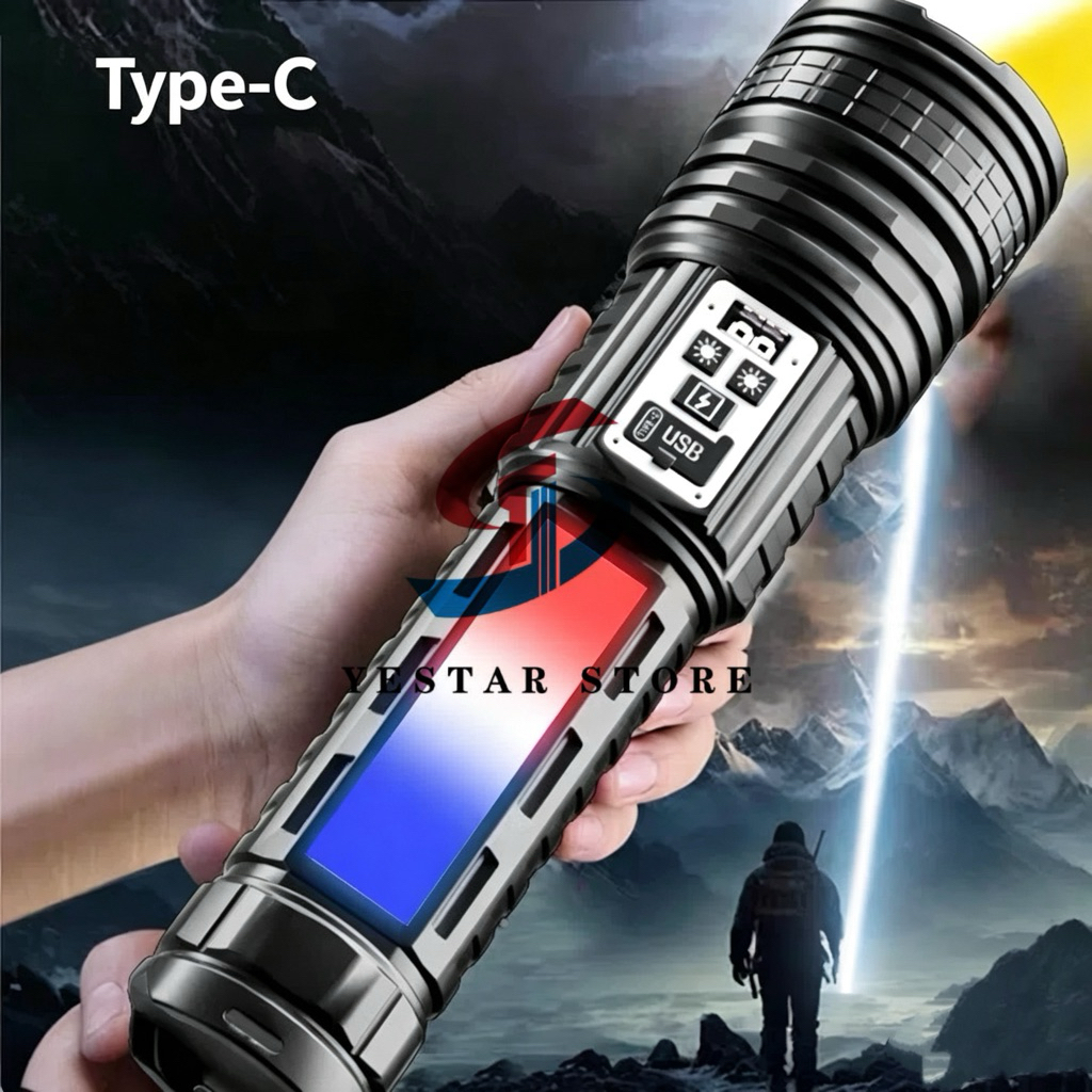 Senter Led Jumbo Super Terang Dua Warna 14 Light Mode Senter Zoom Senter Jarak Jauh Type C 1000M