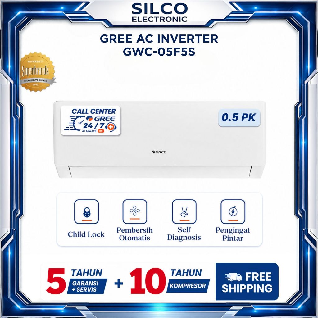 GREE AC INVERTER F5S 0.5 PK - GWC-05F5(S) 1/2 PK Pendingin Ruangan Self Diagnosis & Protection Kompl