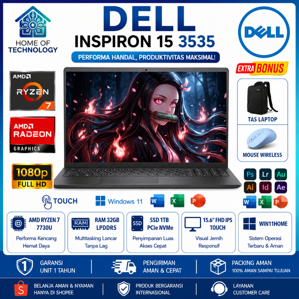 Laptop Touchscreen Dell Inspiron 15 3535 AMD Ryzen 7 7730U 32GB 1TB 15.6 FHD Windows 11
