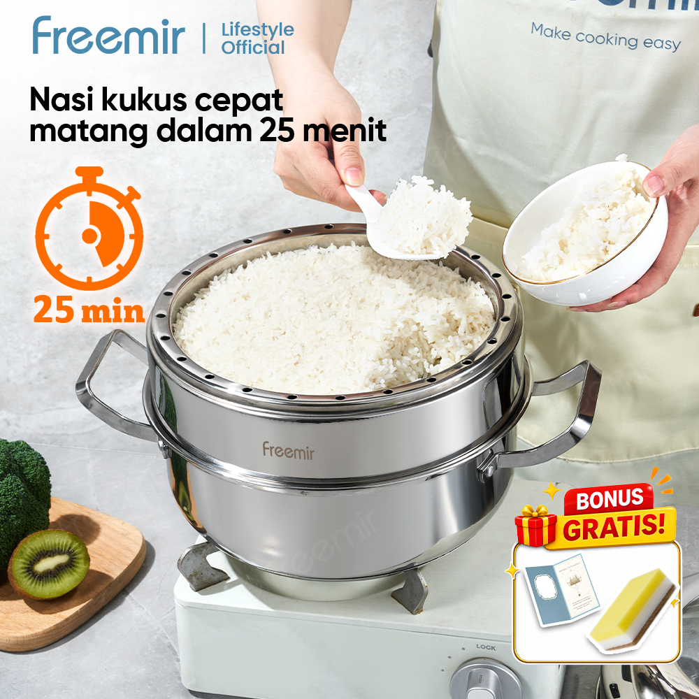 freemir lifestyle Panci Kukus Stainless 26cm Kapasitas besar 2 lapis, Pengukus nasi cocok untuk meng