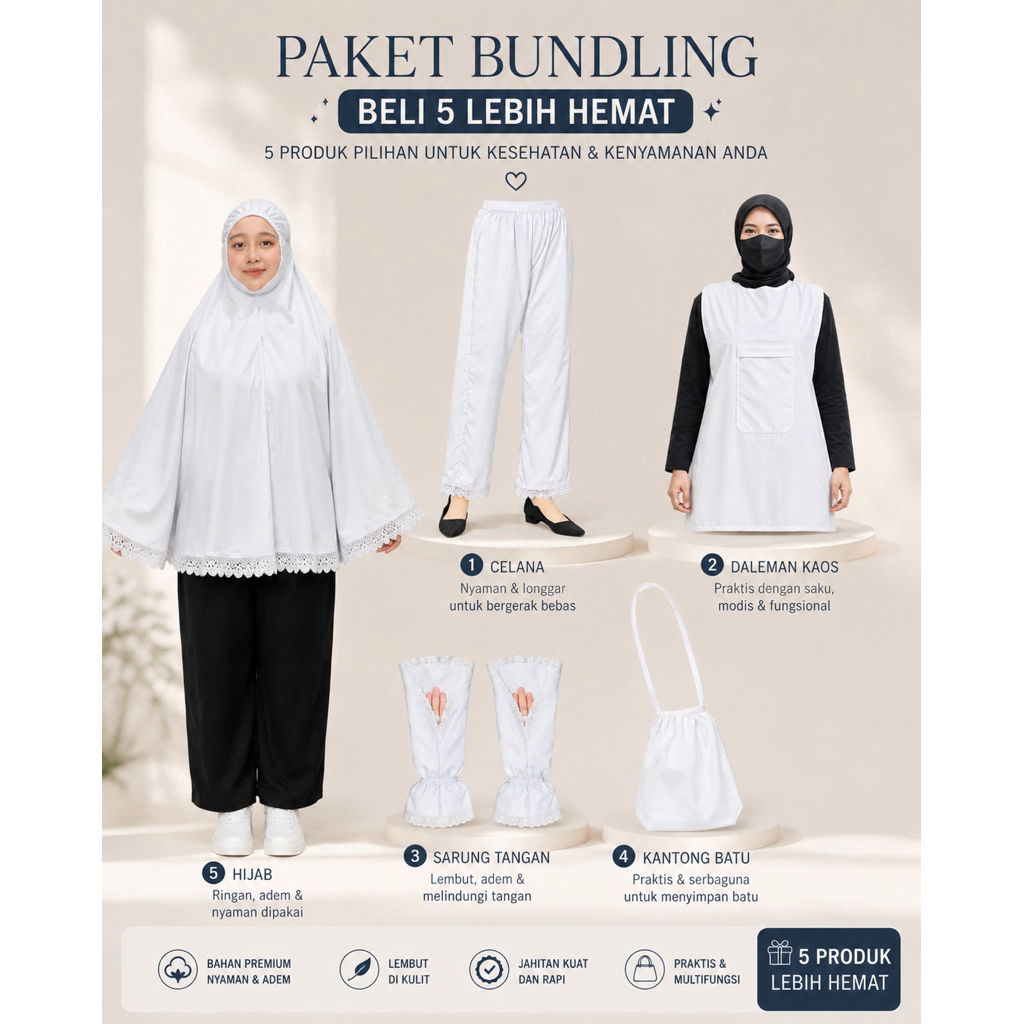 SET perlengkapan umroh haji [ hijab khadijah + kaos dalam + celana + kantong batu + sarung tangan ]