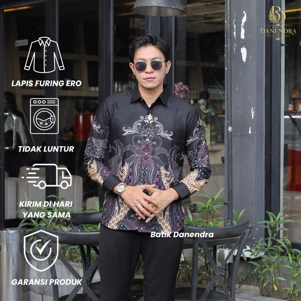 BATIK DANENDRA Motif Handara Hitam   Kemeja Atasan Batik pria Premium  Lengan Panjang Slimfit Bahan 