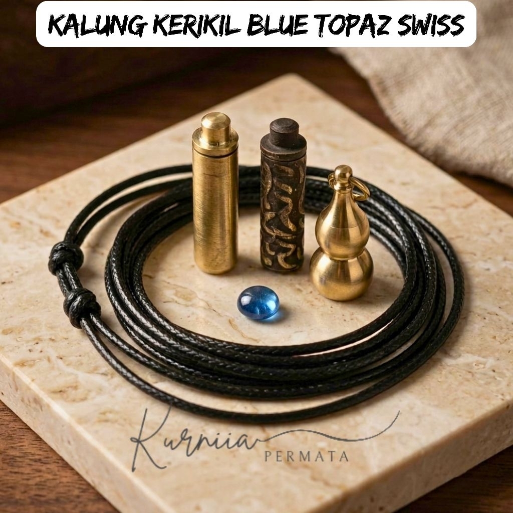 Kalung Batu Kerikil Blue Topaz Swiss Dengan Liontin Kuningan Anti Karat Elegan