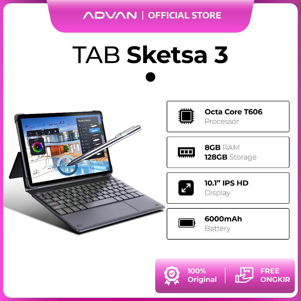 ADVAN Tab Sketsa 3 | Dual Sim Card 4G LTE | Layar 10.1” HD IPS | 128GB+RAM 6GB | Tiger T606 | Androi