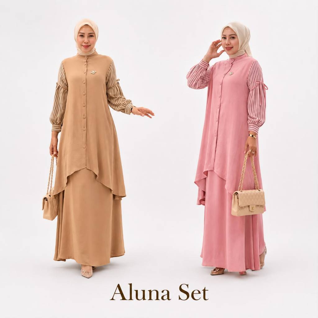 MDLY Aluna Set Bahan Korean Crinkle Import Kombinasi Crinkle Stripes Setelan Wanita Long Tunik dan R