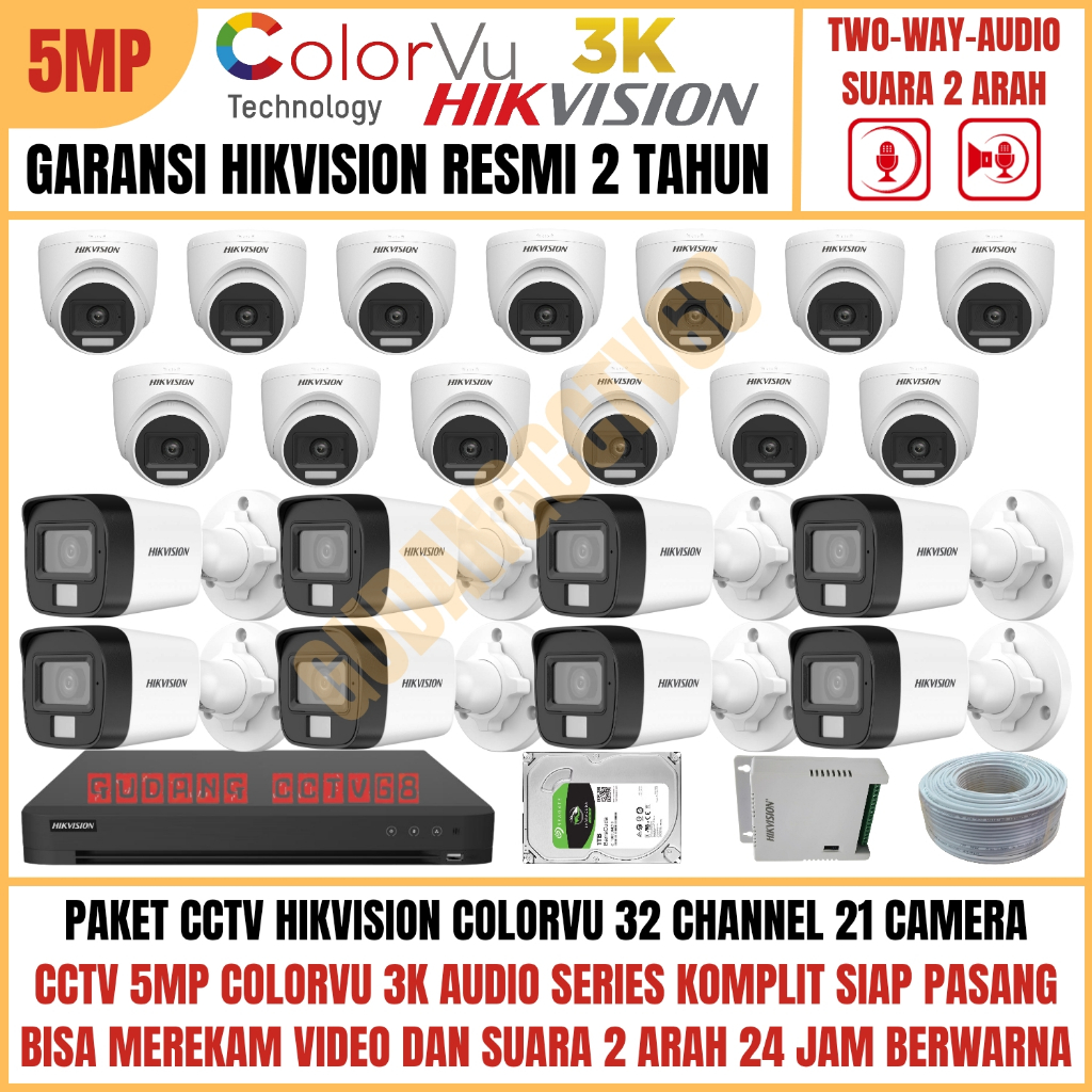Paket CCTV HIKVISION COLORVU 32 Channel 21 Camera 5MP 3K Full Colour AUDIO TWO WAY Komunikasi 2 ARAH
