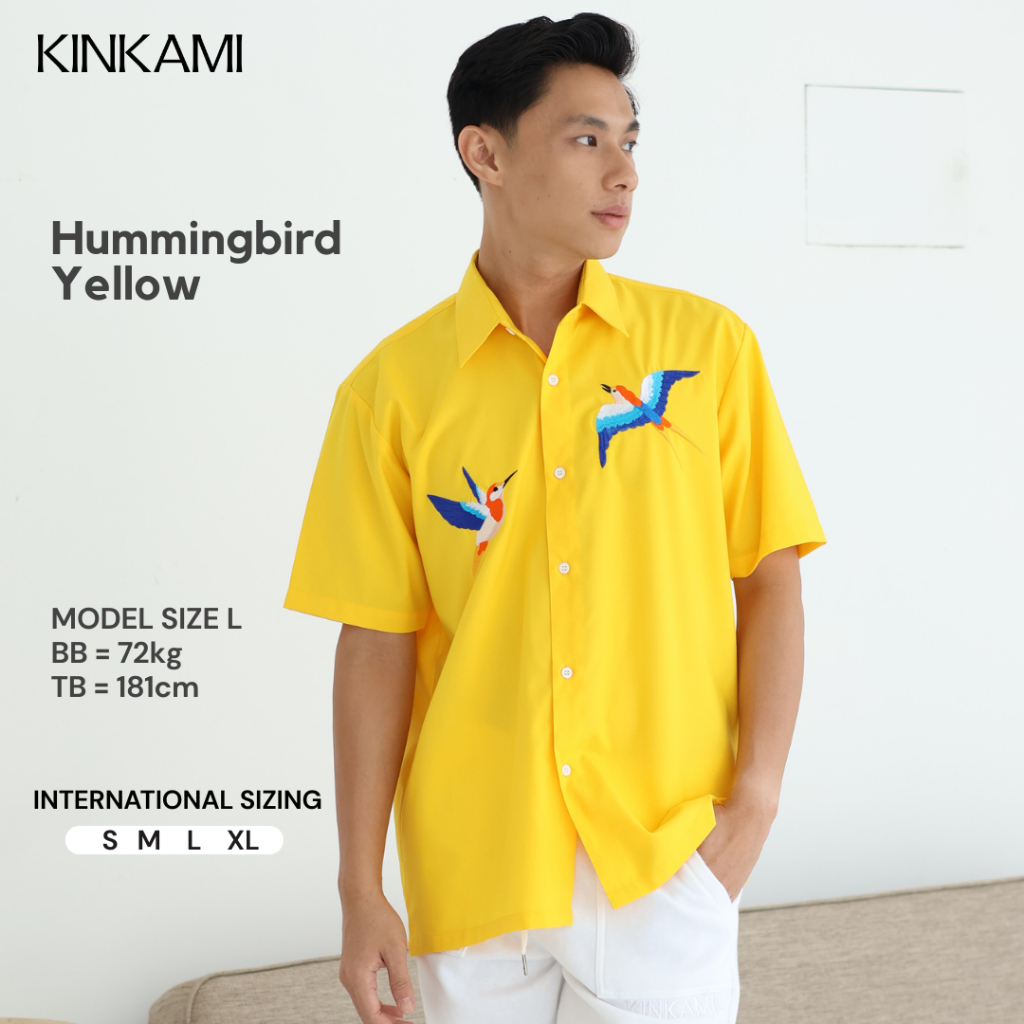 Kemeja Pria Lengan Pendek Premium Bordir | HUMMINGBIRD Yellow by KINKAMI