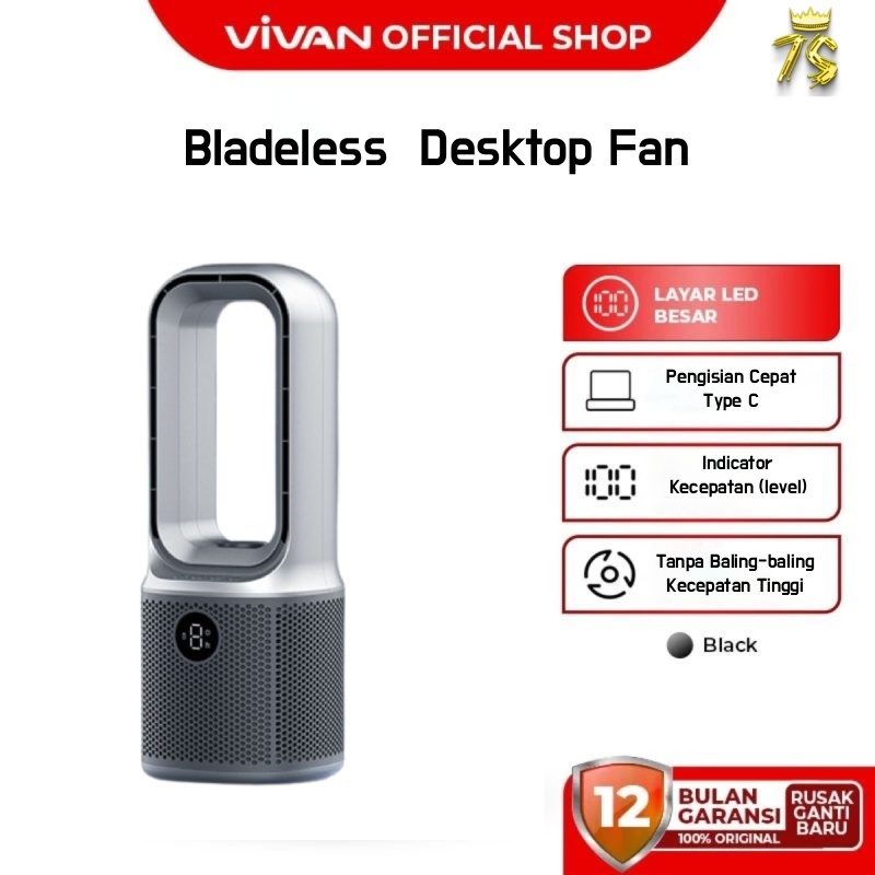 VIVAN VBF001 Bladeless Fan Desktop Grey Portable Tower Fan 3500mah Tahan 8 Jam Original - Garansi