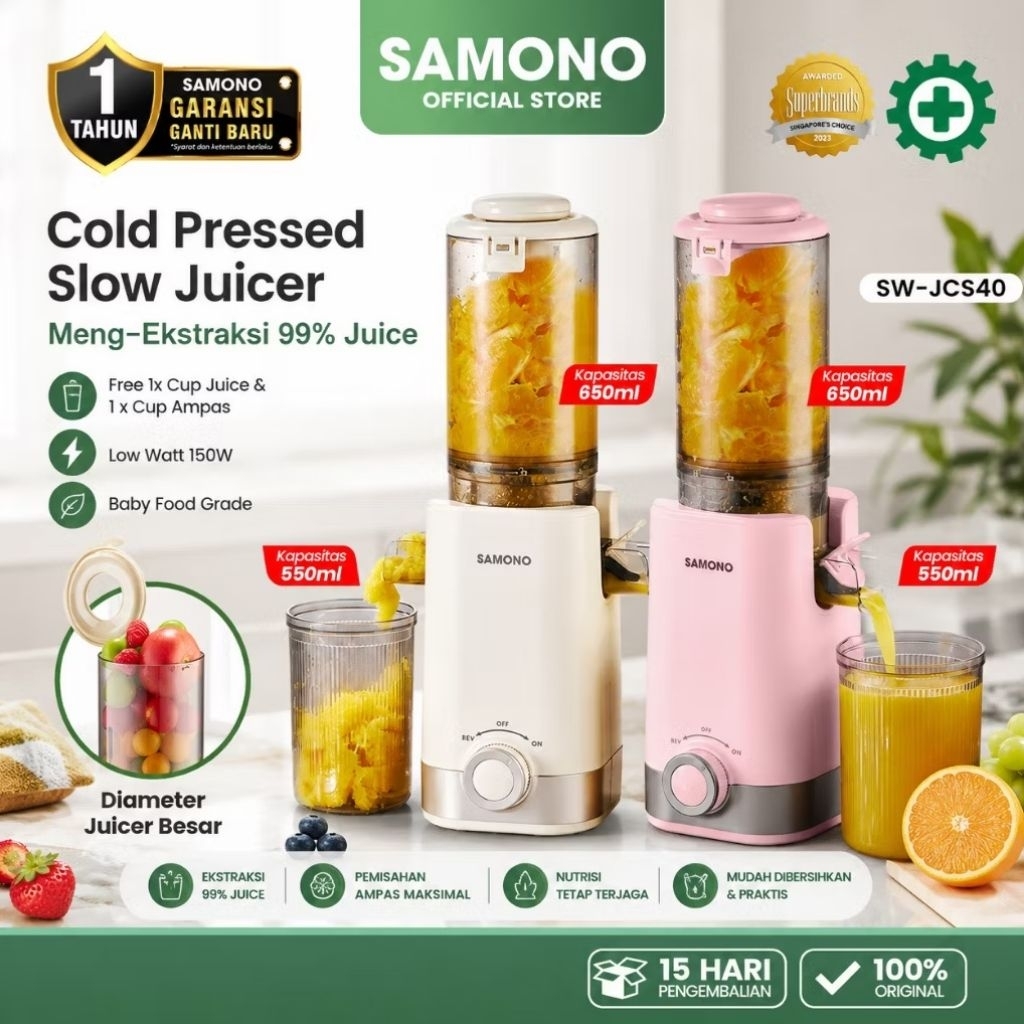 [SAMONO SW-JCS40] Slow Juicer 99% Murni Bukaan Lebar 98mm Low Watt 150W Pemeras Jus Buah Sayur Otoma