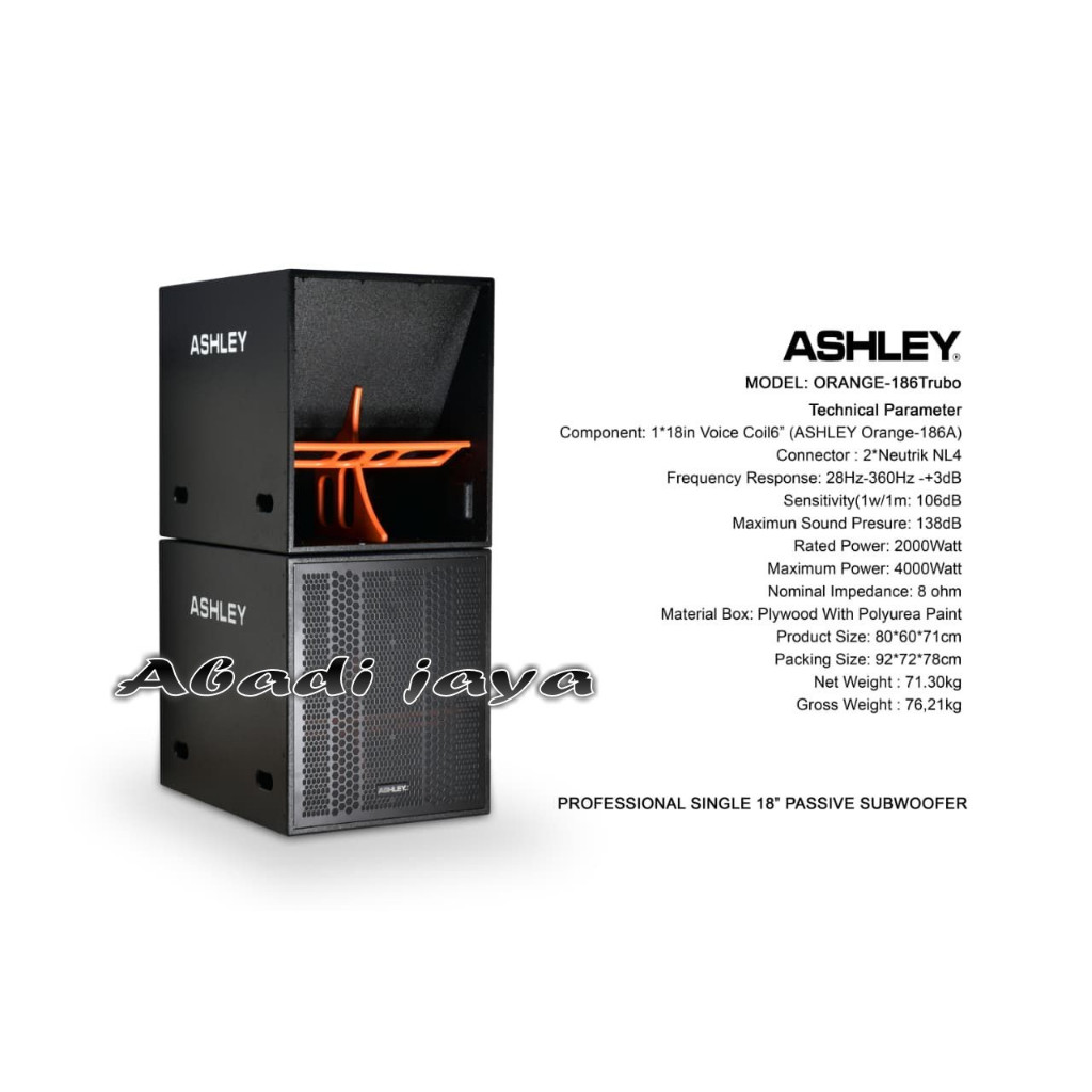 SUBWOOFER PASIF ASHLEY ORANGE 186 TURBO / 186TURBO 18'' 1 BUAH ORIGINAL