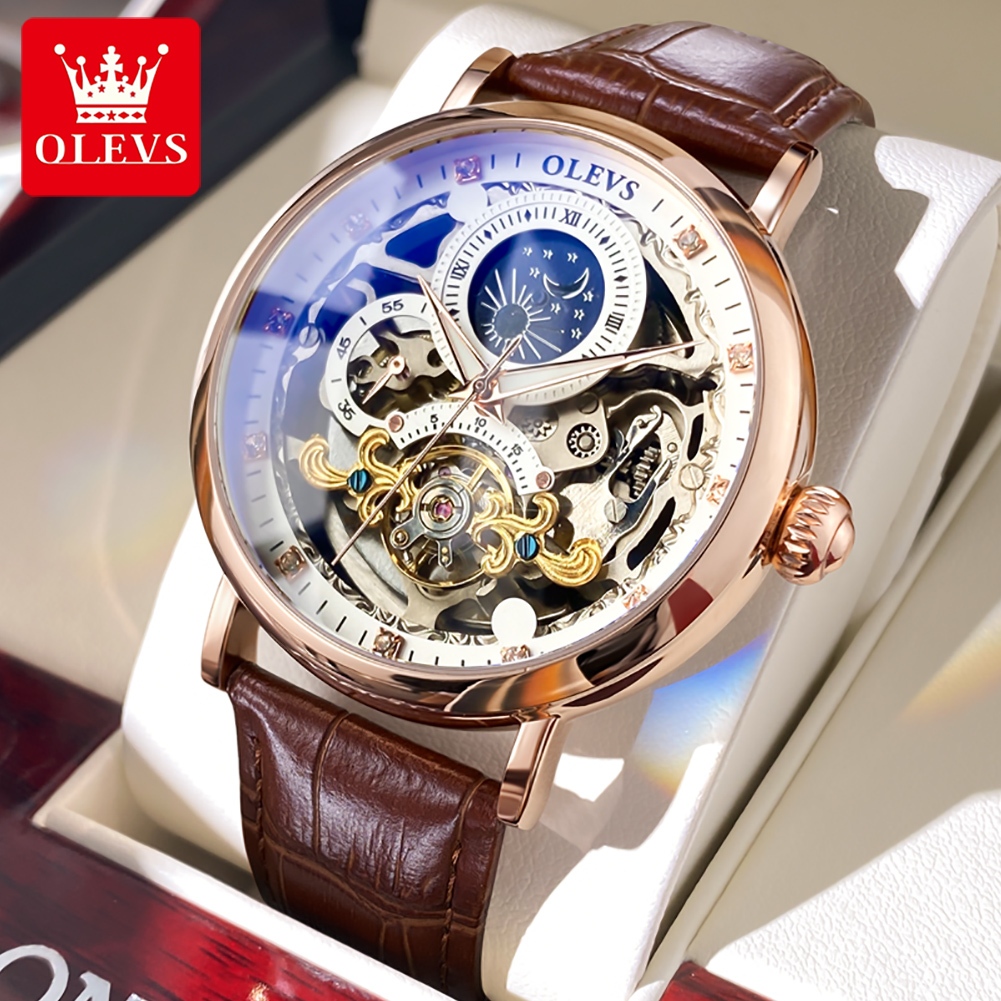 OLEVS Automatic Watch Pria Skeleton Tourbillon Style Moon Phase Luxury