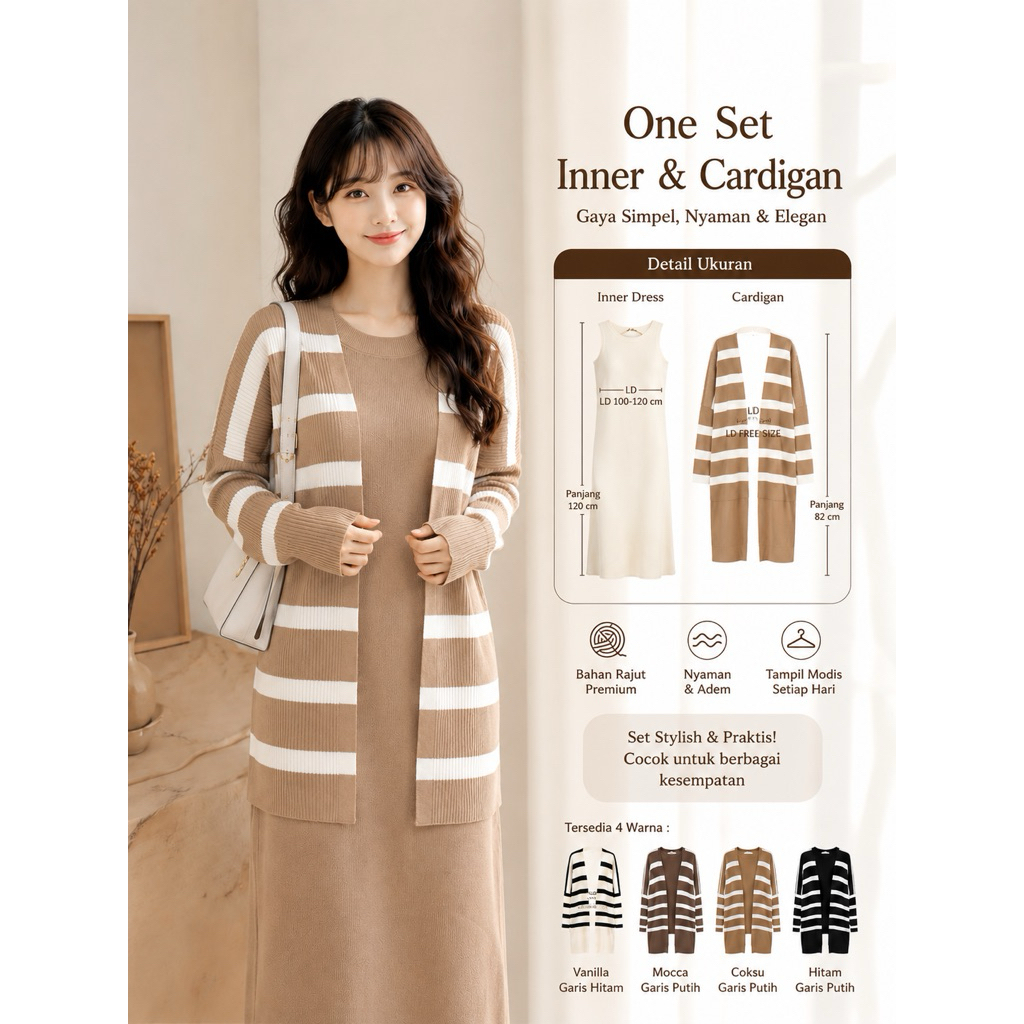 Clara One Set Rajut Wanita Premium Korean | Dress Rajut + Cardigan Rajut Salur | Knitwear Korea Styl