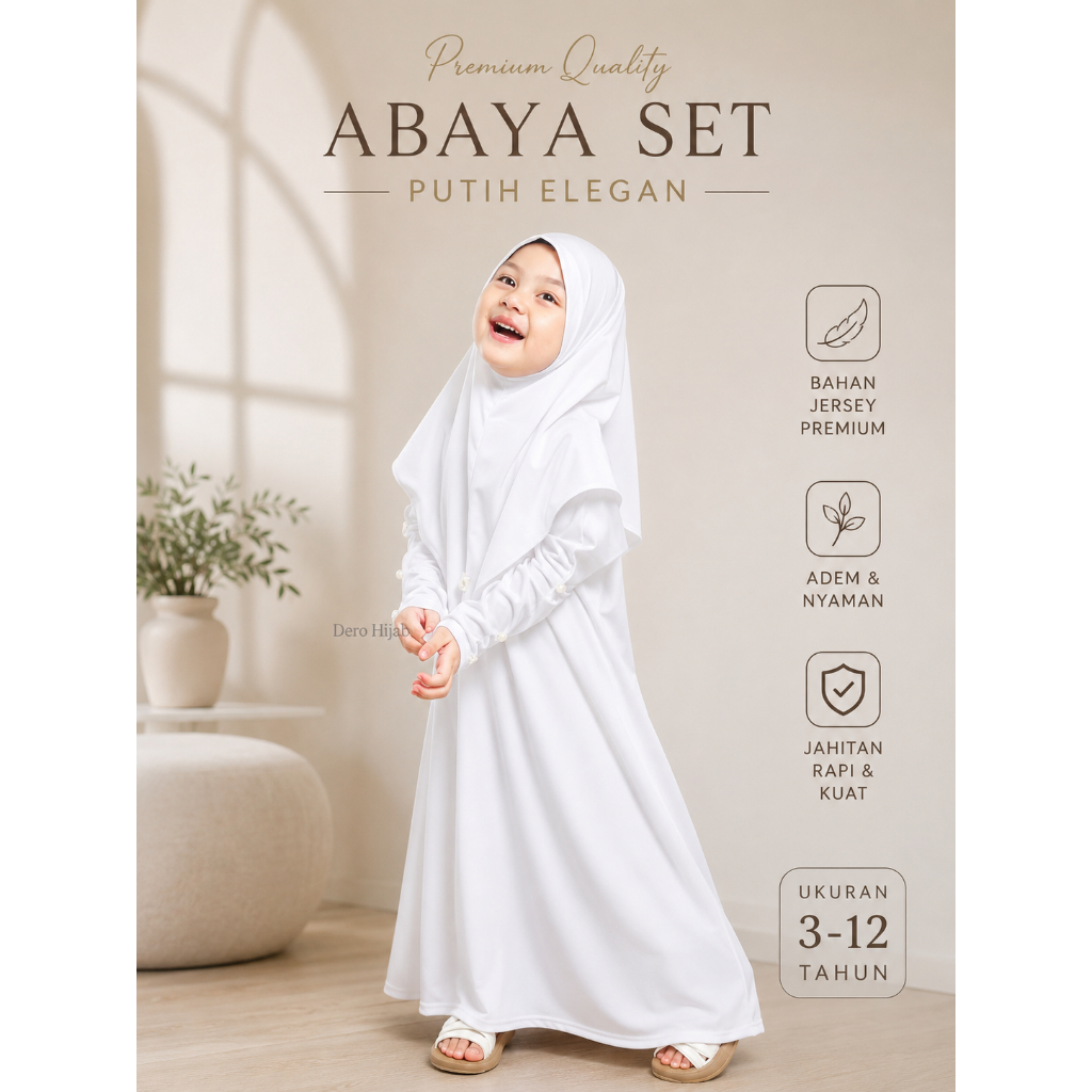 Gamis Anak Perempuan Putih Abaya Premium Umur 3-12 Tahun Dress Muslim Anak Muslimah Polos