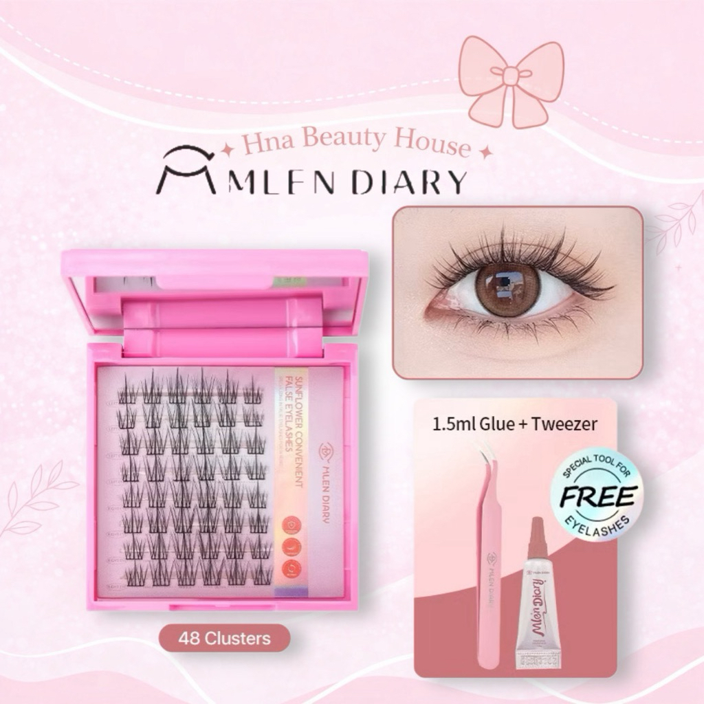 Mlen Diary Sunflower Eyelashes Cluster Lash Set Lem Pinset Bulu Mata Palsu Natural 48 Clusters