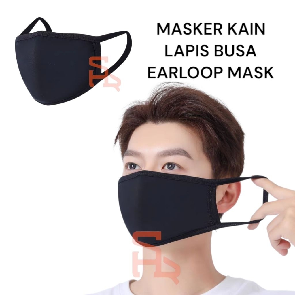 Masker Kain Hitam Lapis Busa Earloop Mask
