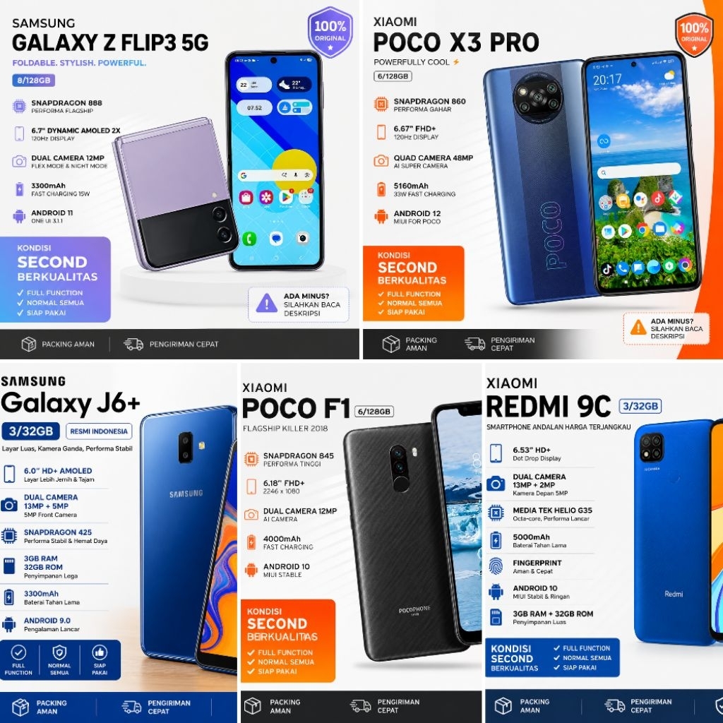 hp smartphone handphone second samsung galaxy z flip 3 , xiaomi poco x3 pro , xiaomi poco f1, xiaomi