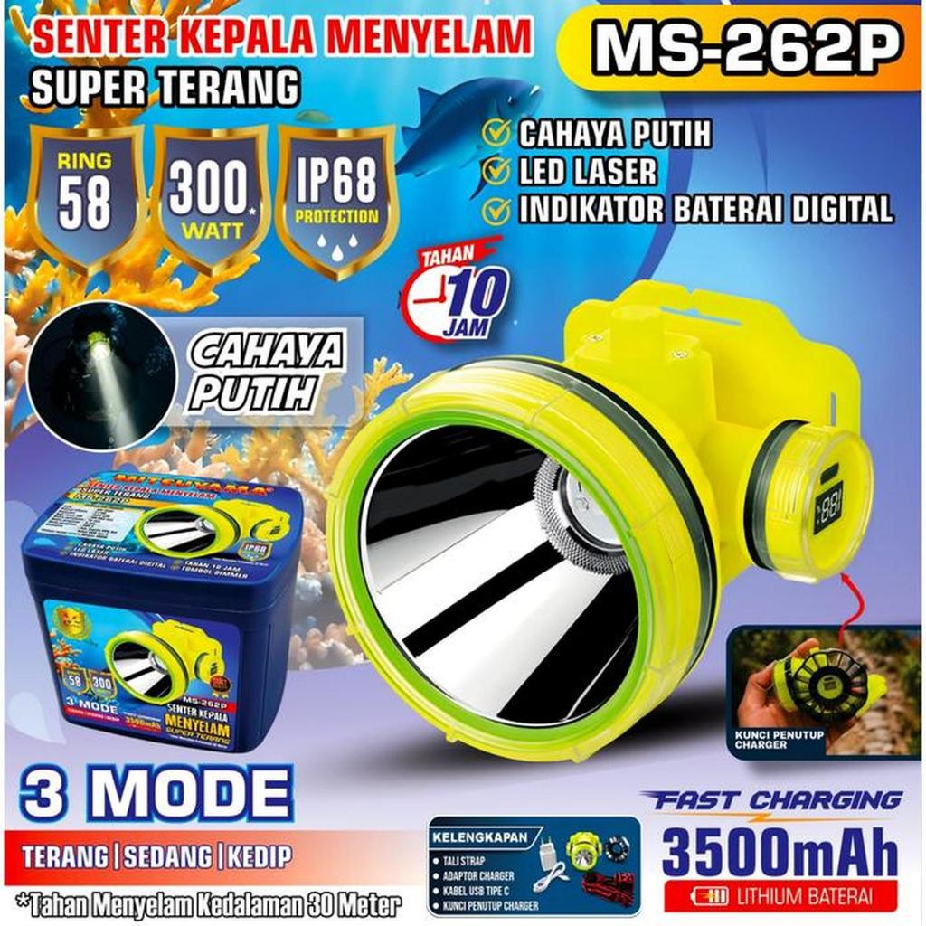 Senter Kepala Selam Mitsuyama MS262P 300WATT Cahaya Putih/Kuning Baterai 3500mAh