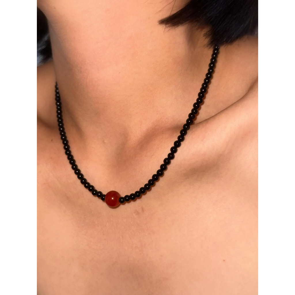 Black Agate Beaded Necklace with Red Agate