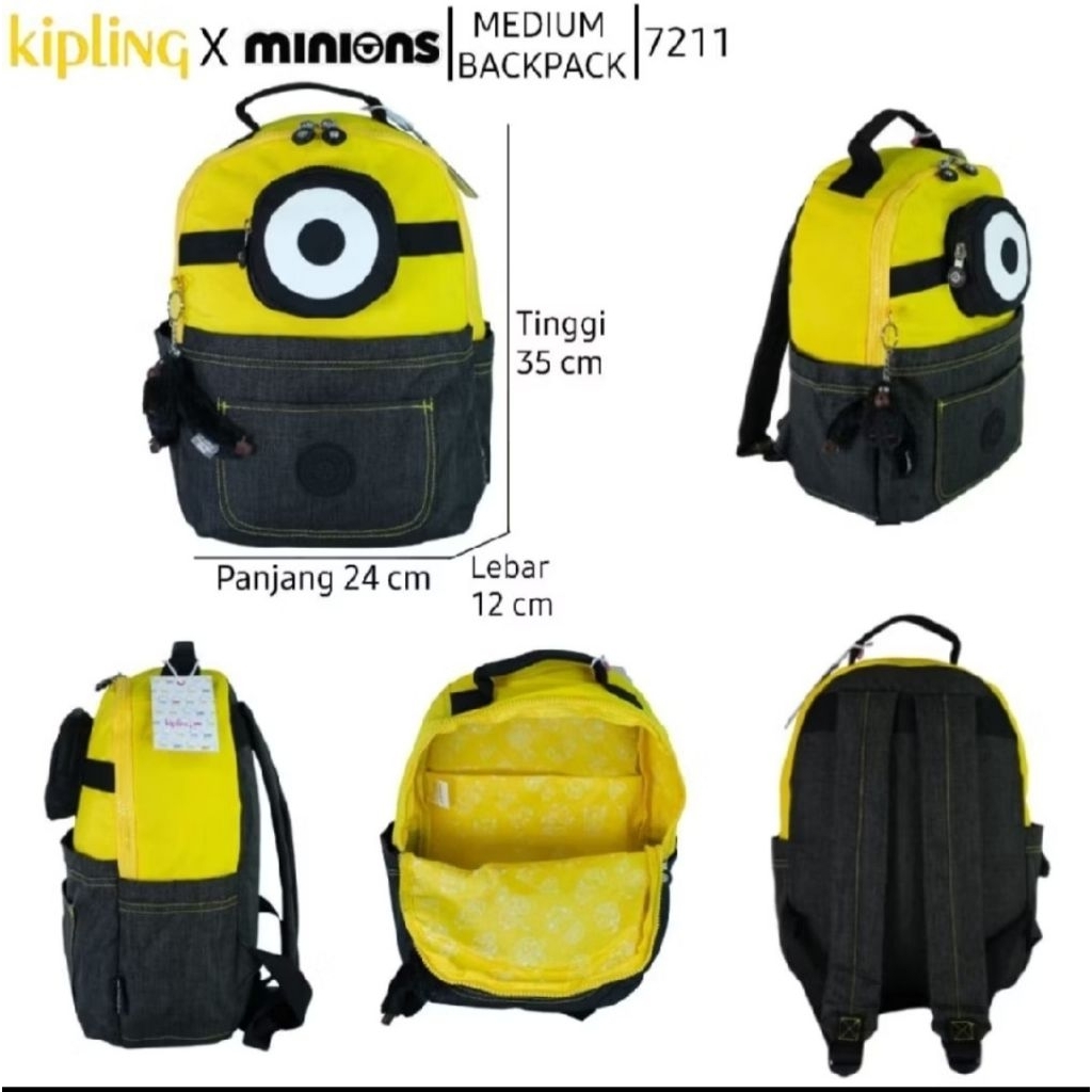 Ransel kipling x minions import medium bahan jeans & waterproof