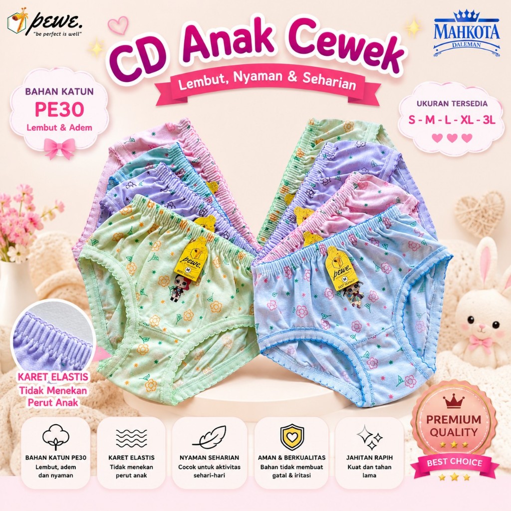 12 pcs 6 Pcs Celana Dalam Anak Perempuan Polos Katun Halus Lembut Usia 2-12 Tahun CD Anak Grosir Nya