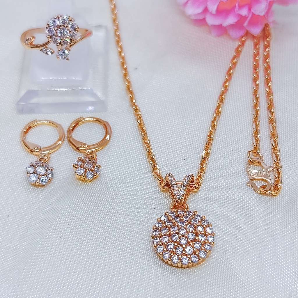 Set perhiasan tiga bagian wanita berbahan zirkon bulat, zirkon anti karat berwarna emas muda, gaya K